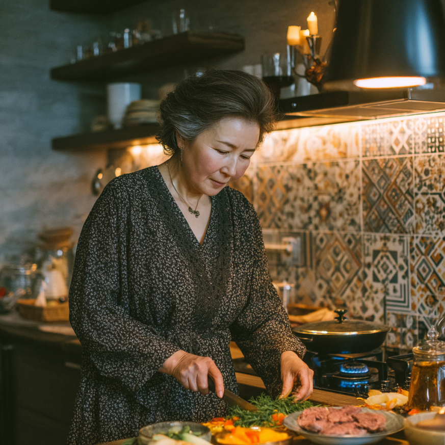 Счастливая пожилая пара готовит здоровую еду на кухне